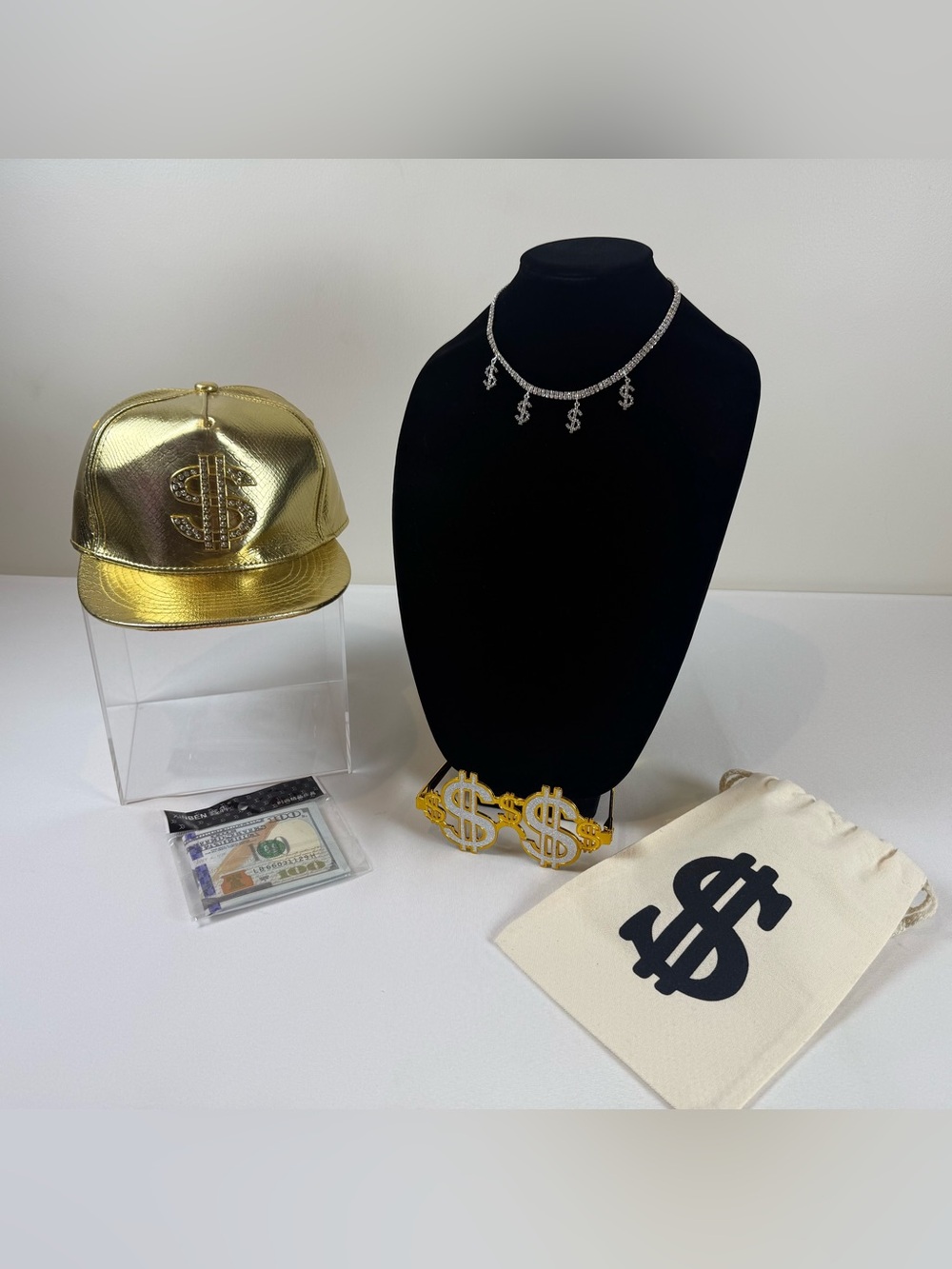 5 PCS Dollar Sign Costume Accessory Set Hat, Glasses, Necklace, $100 Bill & Bag💰